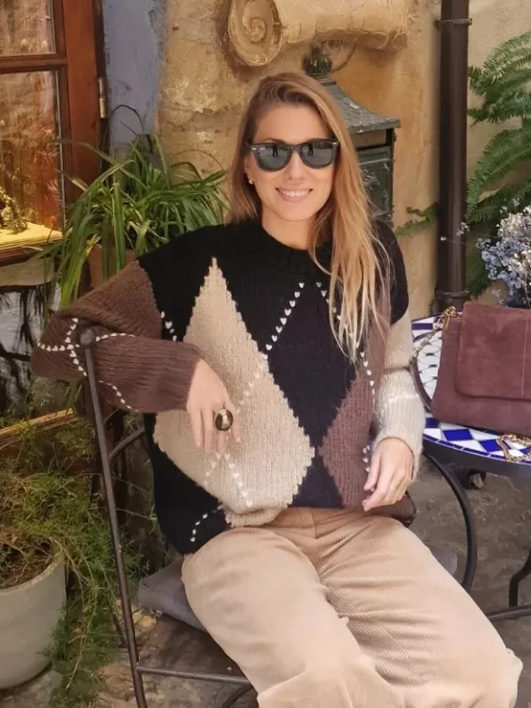 

HH 2026, женские новые модные шикарные свитера, топы с рисунком Argyle, пуловер с круглым вырезом и длинными рукавами, женские осенние повседневные свободные вязаные топы