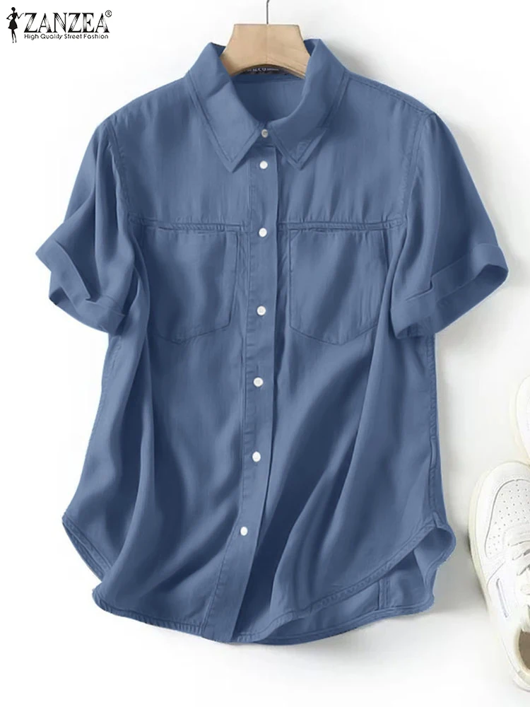 Women Summer Short Sleeve OL Work Blouse ZANZEA Elegant Lapel Neck Shirt Casual Solid Buttons Up Blusas Female Loose Tops Tunic