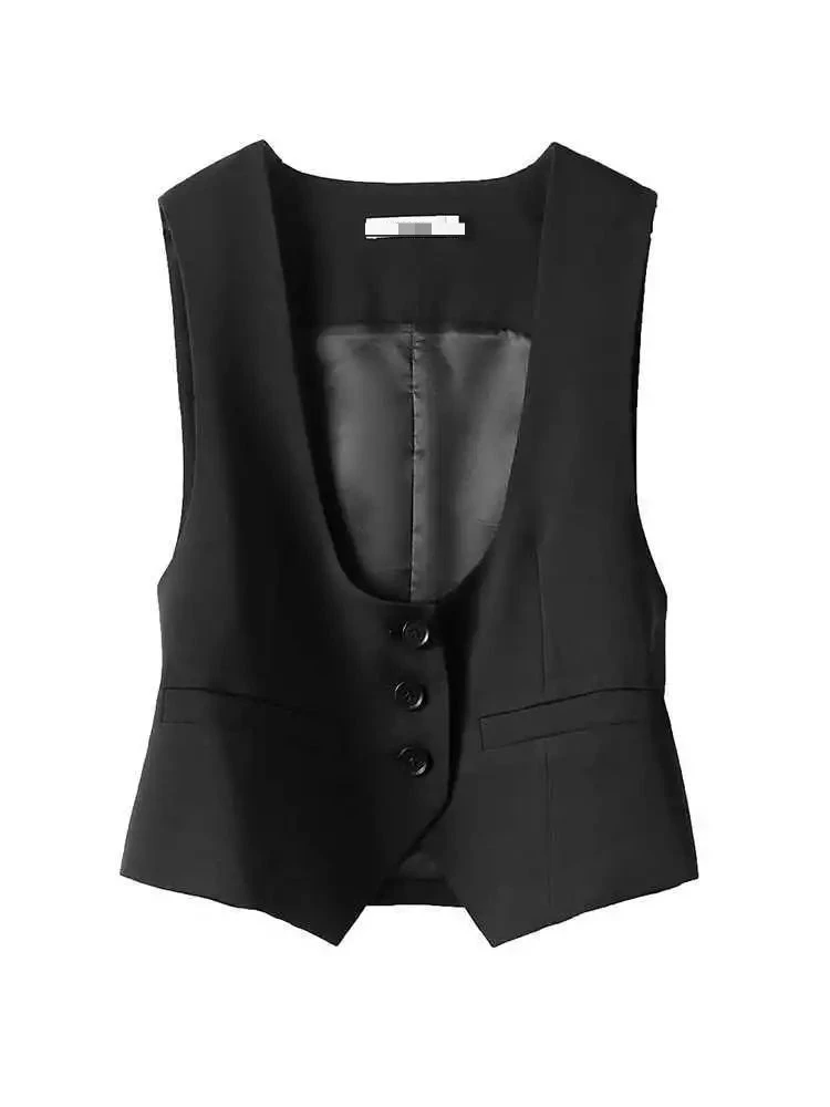 Summer U-Neck Vest Women Thin Loose Waistcoat Single Breasted Sleeveless Blazer Female Slim Short Vest Femme Slim Buttons E5429