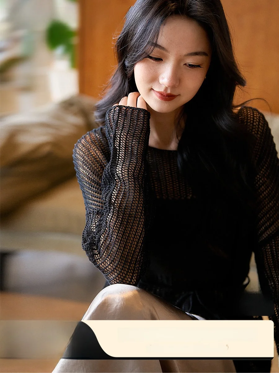 

XiaoHanGe Linen Knitted Casual Long Sleeve Wrap Waist Design Hollow out Detailing Breathable Comfortable Women's Top