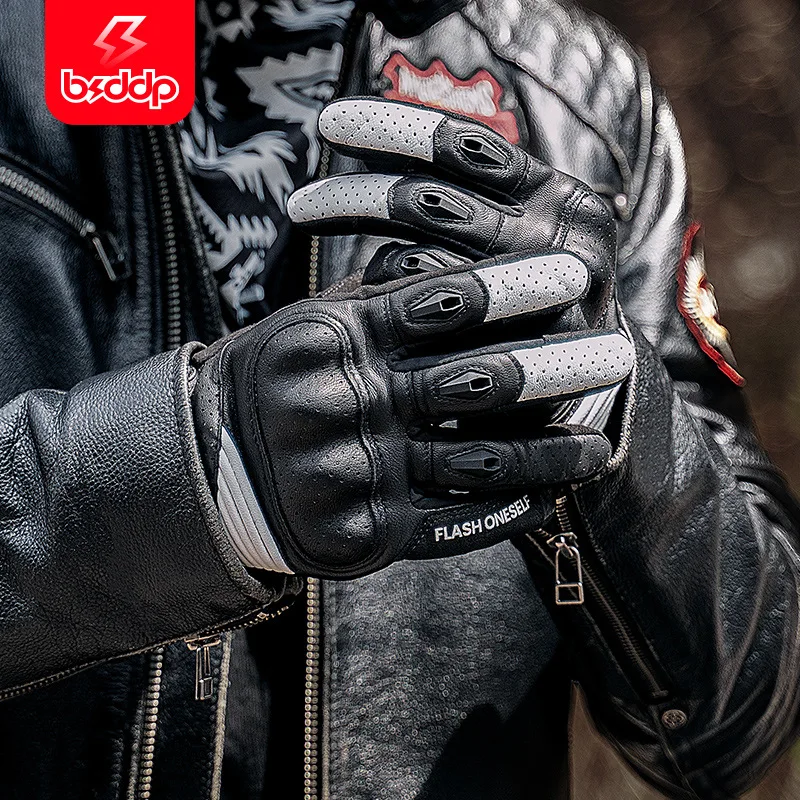 Retro Motorbike Gloves Perforated Summer Motocross Riding Off-road Goat Leather Motorcycle Glove Men Women Touch Screen Guantes