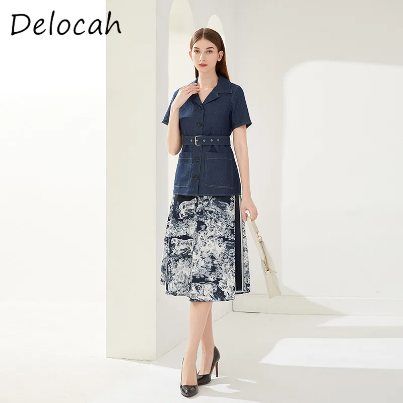 

Deloach весна/лето, новый женский однобортный комплект с отложным воротником и поясом, облегающий топ с принтом и боковой юбкой