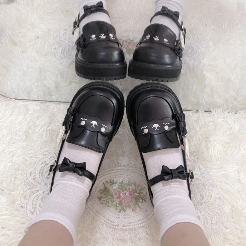 Cute Cartoon Cat Face Platform Mary Jane Shoes Women Star Bow T-Strap Lolita Flat Shoes Gothic Japanese JK Uniform Loafers view 5