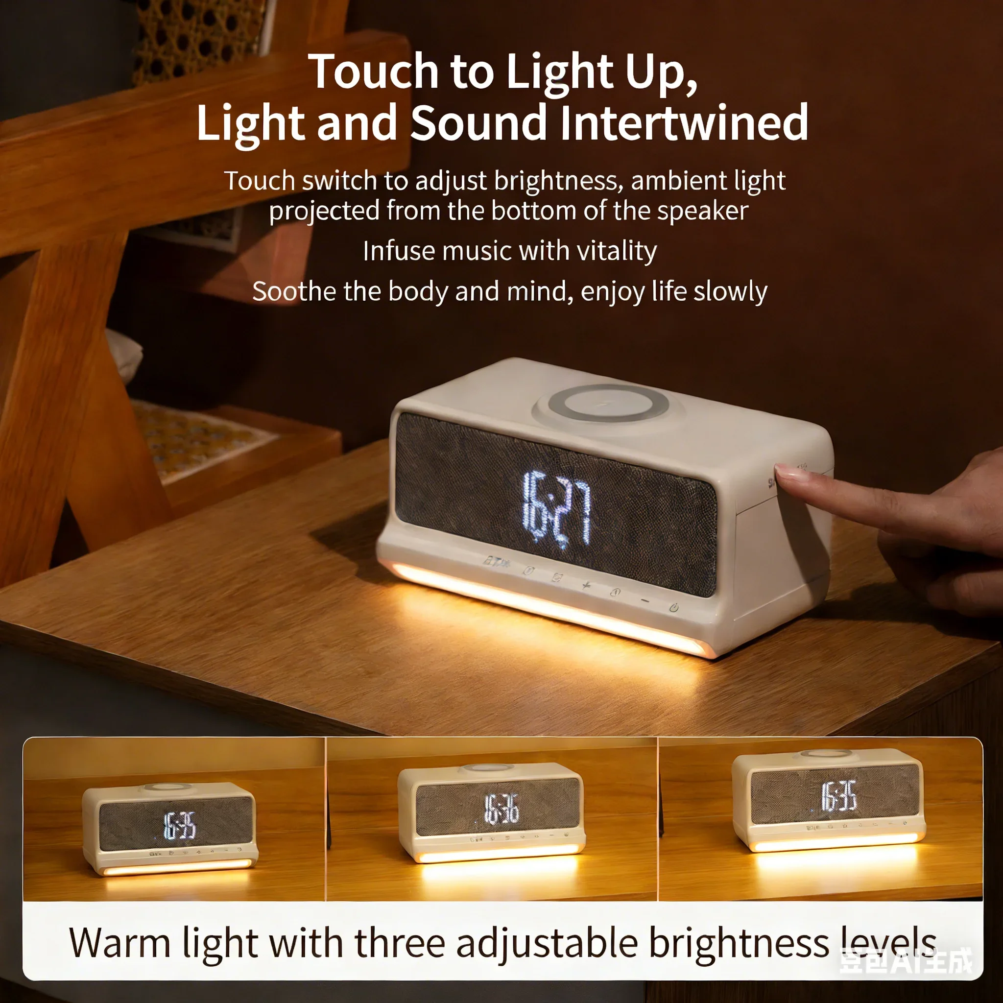 

Умный будильник, Bluetooth-динамик, 15 Вт, беспроводное зарядное устройство, прикроватный ночник, белый шум, помощь для сна, креативный настольный музыкальный плеер