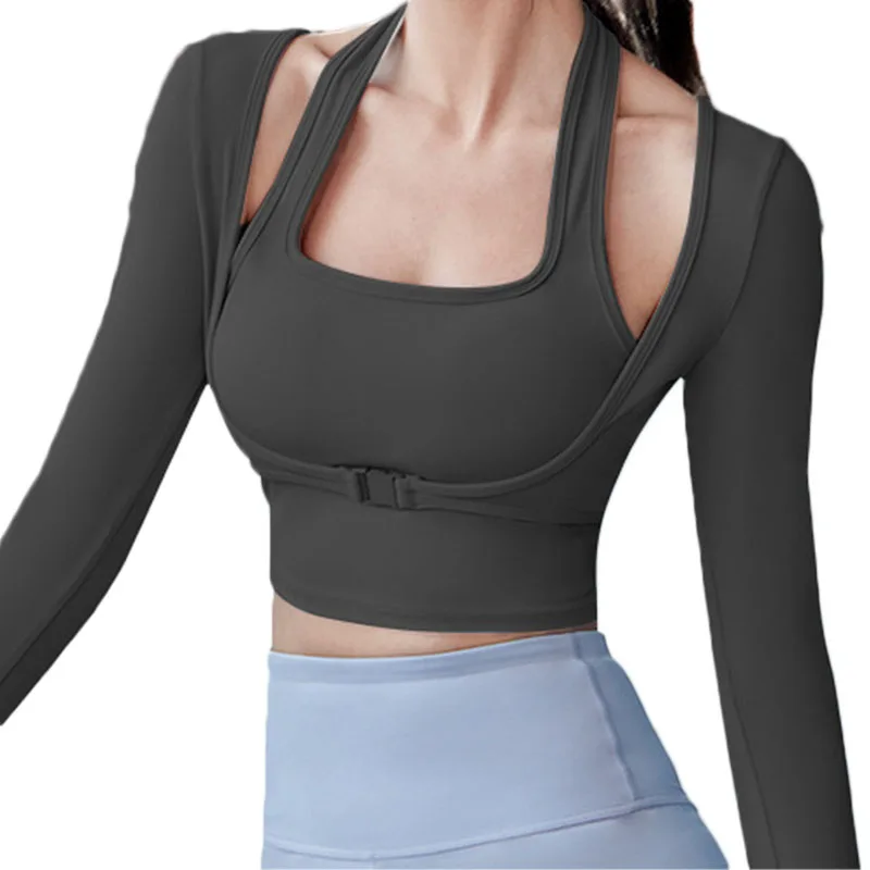 Aiithuug Padded Gym Shirts Long Sleeve Women Yoga Shirts Fake Two Pieces Fitness Tops with Underbust Fastener Sexy Workout Top