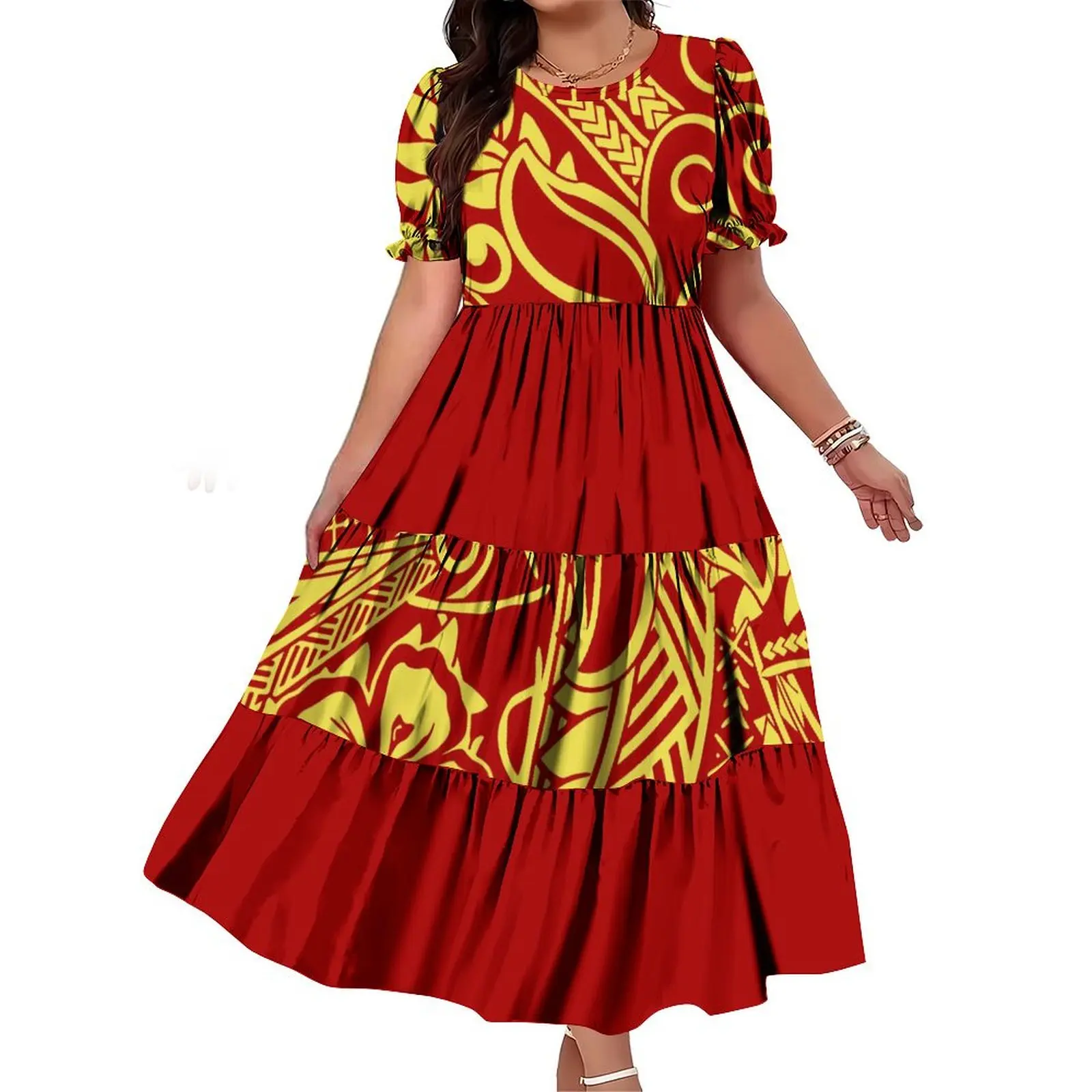 Heißer Verkauf Multi Tiered Kleid Benutzerdefinierte Blase Hülse Design Rot Plissee Kleid Plus Größe Frauen Rundhals Kleid Polynesian Kleider