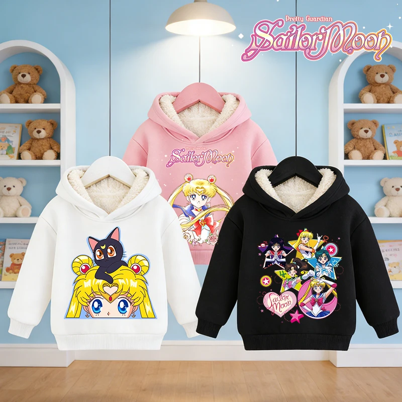 

Sailors Moon Children Fleece Hoodies Girl Pullover Anime Cartoon Thick Sweatshirt Kawaii Fashion Home Clothes Winter Warm Tops