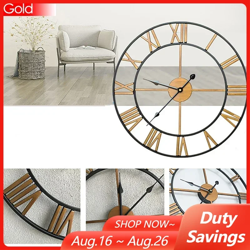 40/47/60/80cm 3D Large Wall Clock with Roman Numerals Art Hollow Round Wall Hanging Vintage Metal Clock for Living Room Home