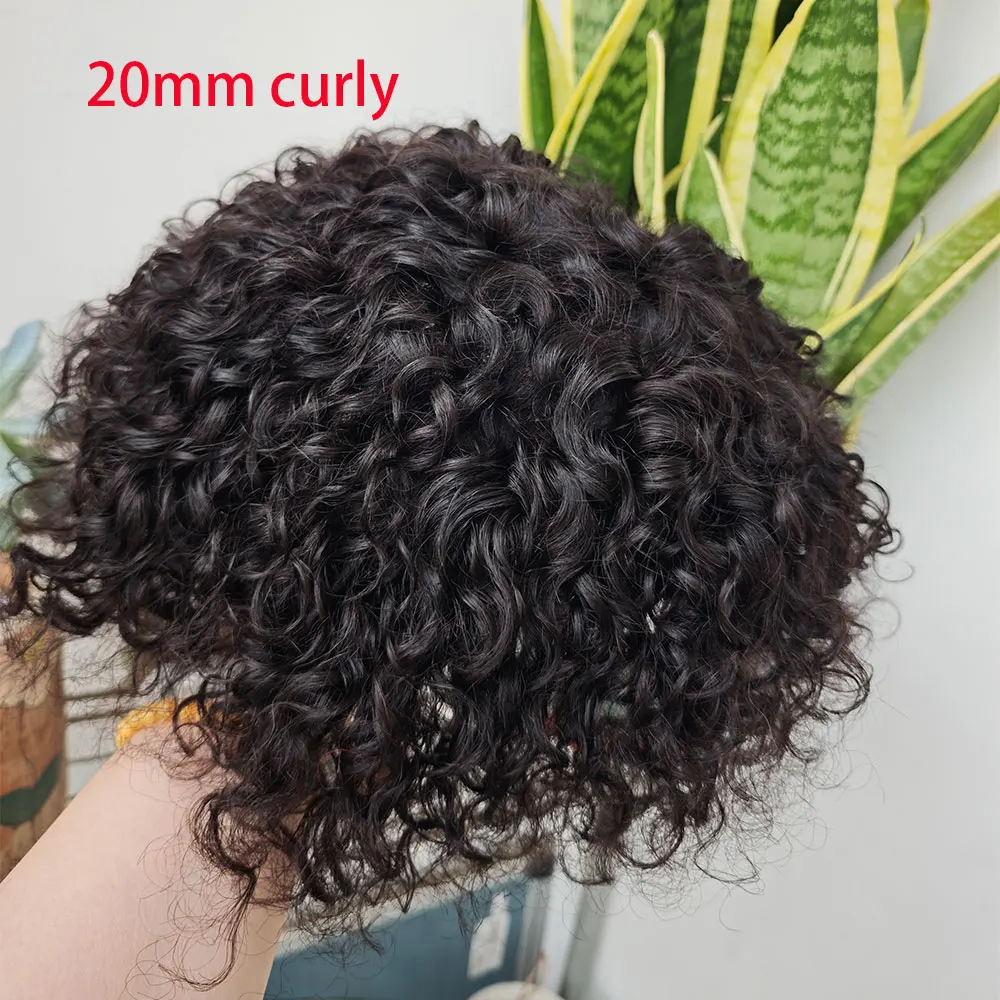 Hollywood 20MM Curly Human Hair Toupee Men's Hairpiece with French Lace Frontal PU Mono 8x10 Inch Hair Replacement Wig System
