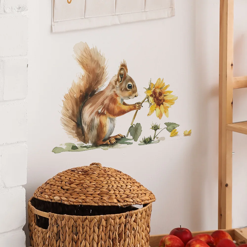 Gemalte Eichhörnchen Sonnenblume Wanda uf kleber für Kinderzimmer Cartoon Tiere Dekor Wandbild Schlafzimmer Wohnkultur selbst klebende Abziehbilder