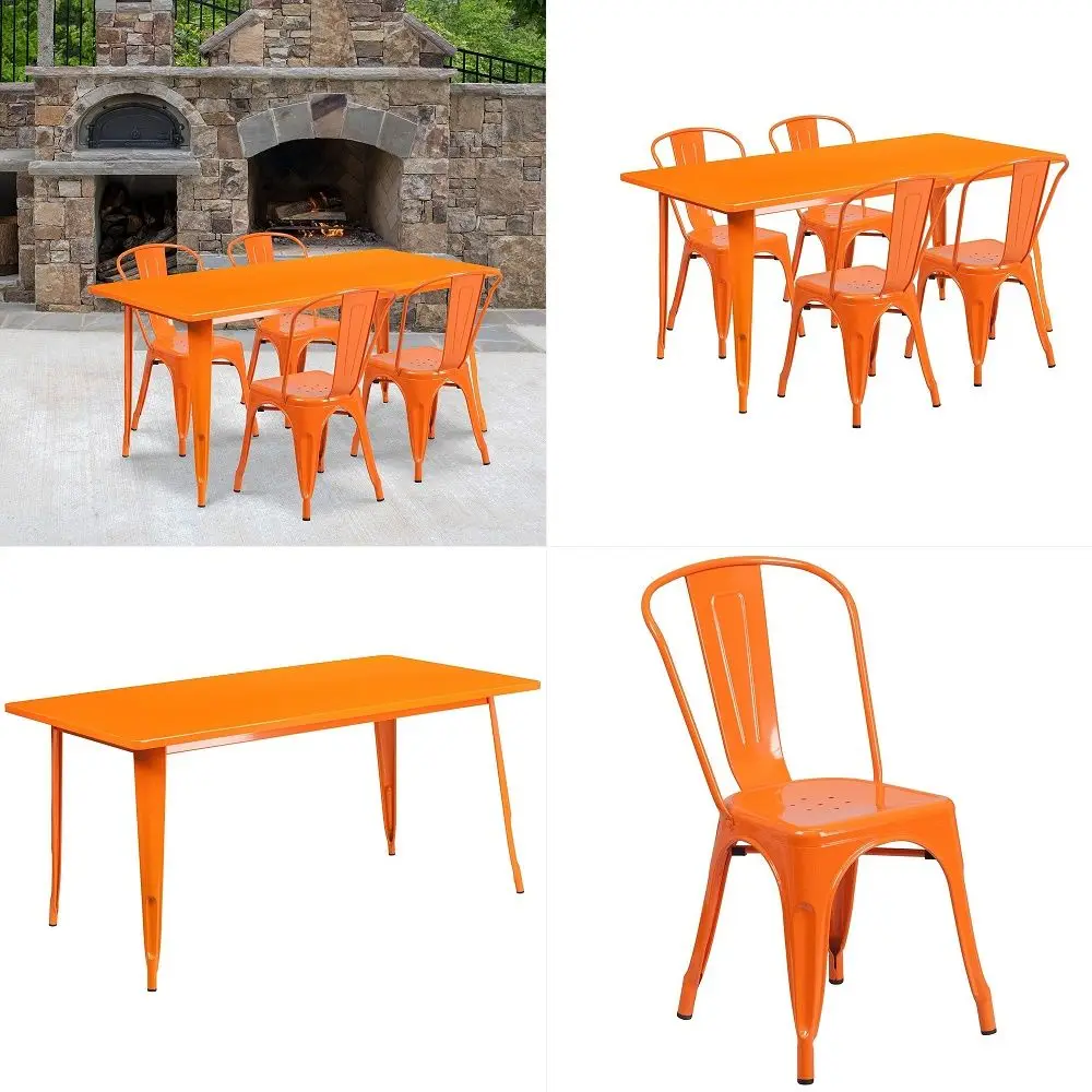 

Commercial Rectangular Orange Metal IndoorOutdoor Table Set4 Stack Chairs
