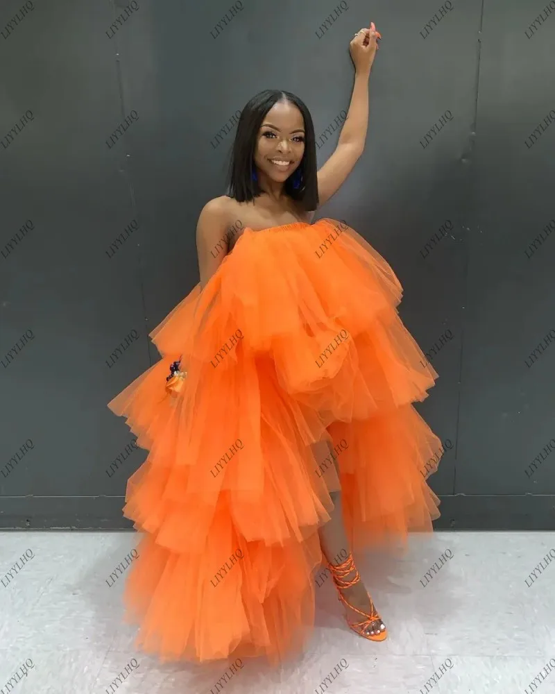 Fashion Bright Orange Tulle Prom Dress Pretty Special High Low Plus Size Women Long Extra Puffy Tutu Skirt Simple Party Dresses