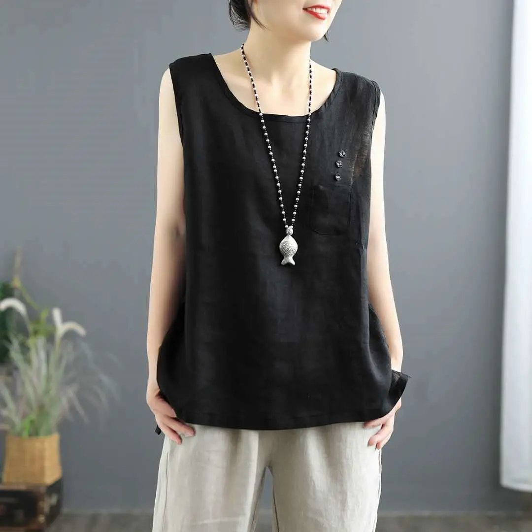 Summer Women Oversized Cotton Hemp Sleeveless Tank Top Fashion Female Clothing New Solid Pullover All-match Vintage Casual Vest