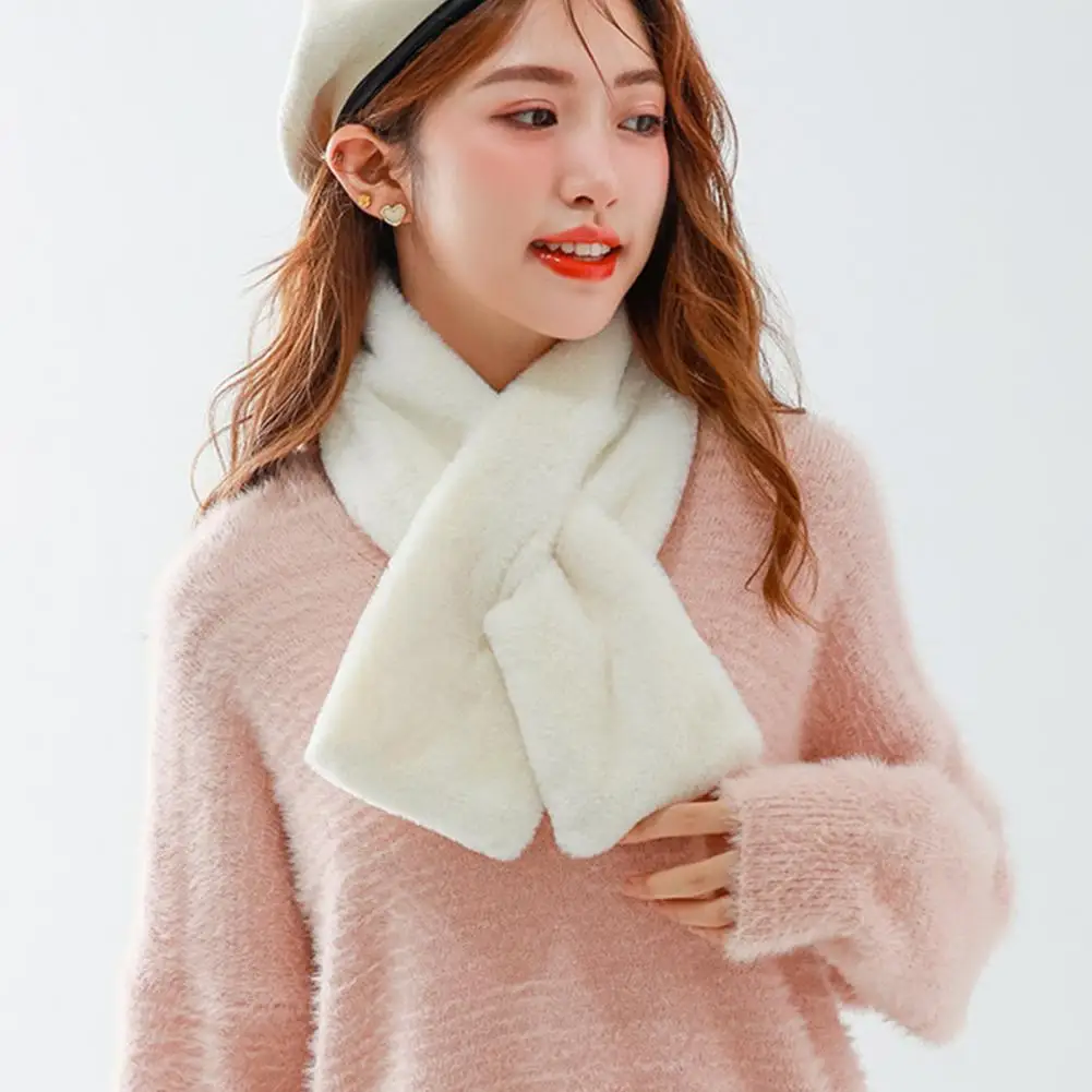 Women Neck Scarf Elegant Women's Winter Faux Rabbit Fur Shawl Scarf Thickened Warm Plush Cross Collar Scarf Solid Color Clothes