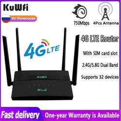 KuWFi-enrutador Wifi 4G de doble banda, enrutador inalámbrico de 750Mbps, tarjeta Sim, antena de 4 piezas, para casa, oficina, cámara de seguridad