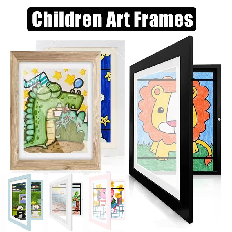 Children Drawing Frame A4 Wooden Picture Hanger Frames Poster Photos Wall Art Kids Frametory for Living Room Display Home Decor