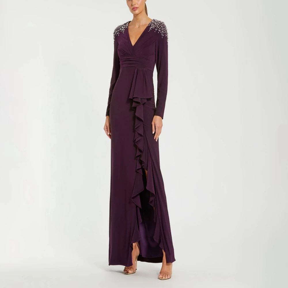 

Grape Purple Wedding Guest Dresses for Women V-Neck Crystal Long Sleeves Evening Gowns Elegant Formal Party Dress Customized