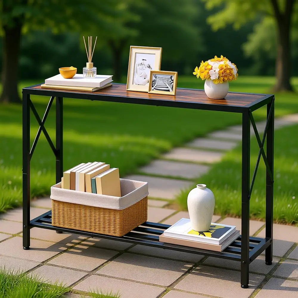 

Двухуровневый столик в деревенском стиле коричневого цвета с полками для прихожей, гостиной или офиса