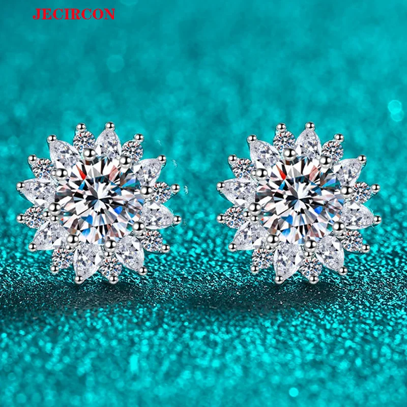 

Серьги-гвоздики JECIRCON из стерлингового серебра 925 пробы с муассанитом и подсолнухом, 1-каратный центр муассанита с блестящими цирконами, объемные украшения