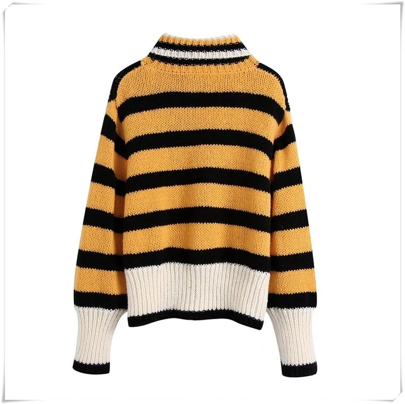 Femme Fashion Warm Winter Large Outline Casual Half High Neck Loose Knit Sweater Women's Cropped Sweater Orange Striped Pullover