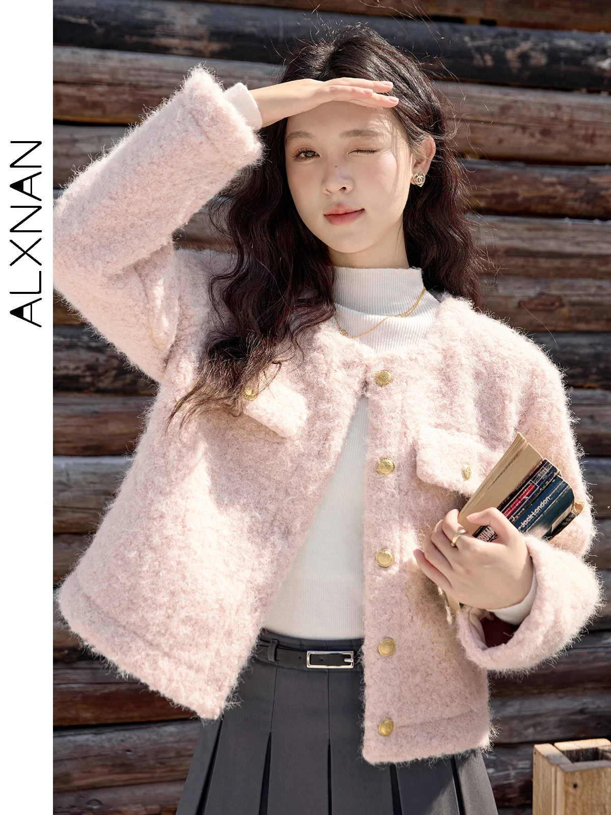 ALXNAN Kurze Mäntel Wolle Verdickte Metall Knopf Oansatz Winter Jacke Lange Hülse Lose-fit Sanfte Eleganz Dame Oberbekleidung L52382