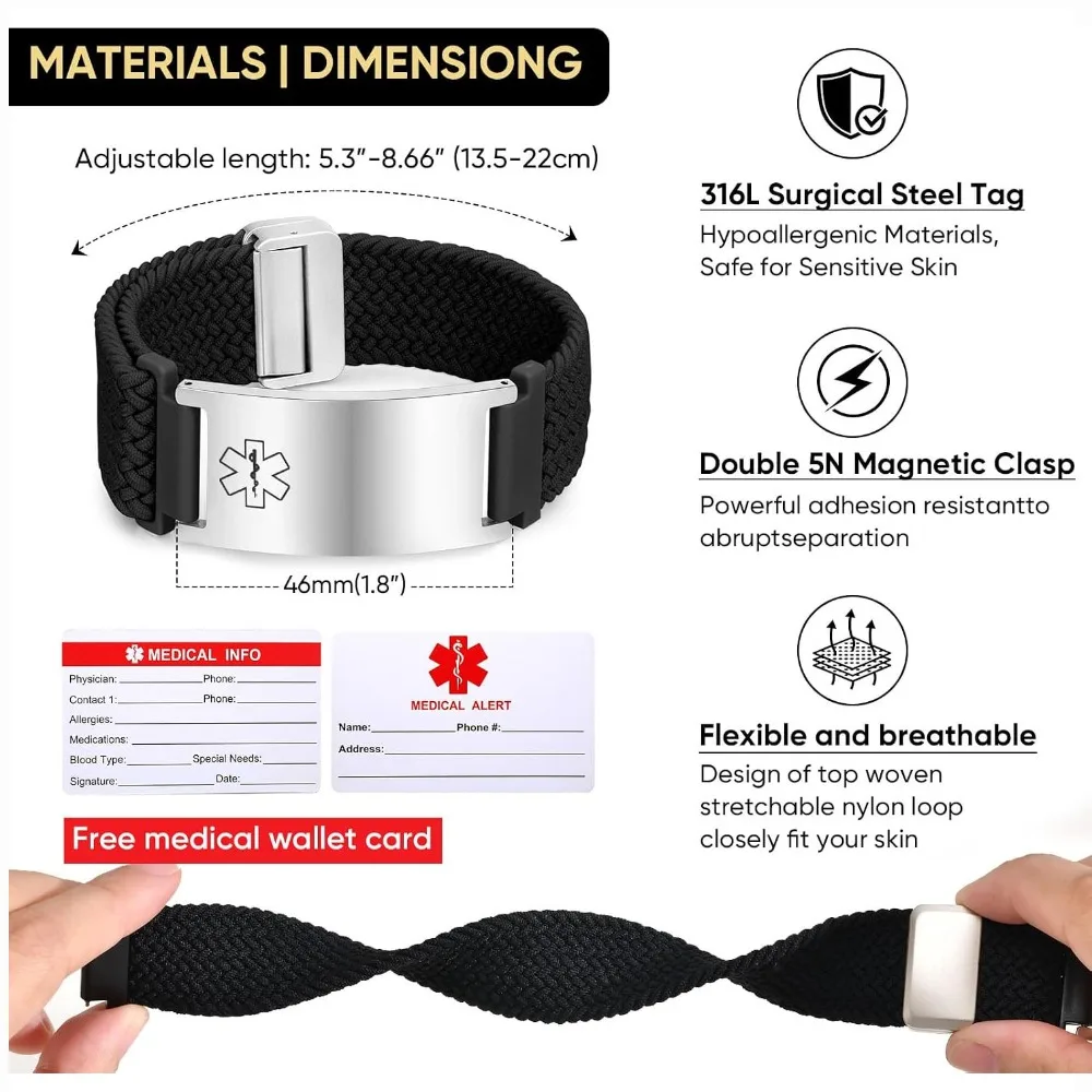 Medical Alert Id Bracelets for Men Women Custom Engraving Elastic Braided Stretchy Loop Emerge Waterproof Wrist Strap
