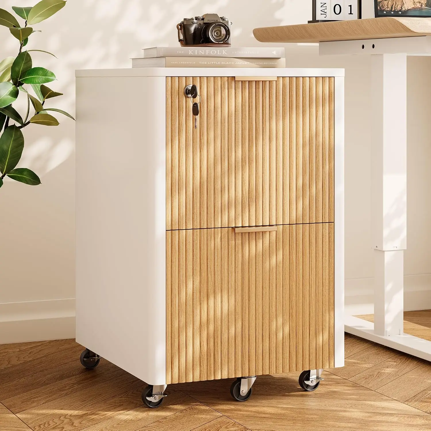 2 Drawers Fluted Mobile File Cabinet Lock Rolling Printer Stand Under Desk Wooden Storage , Customized