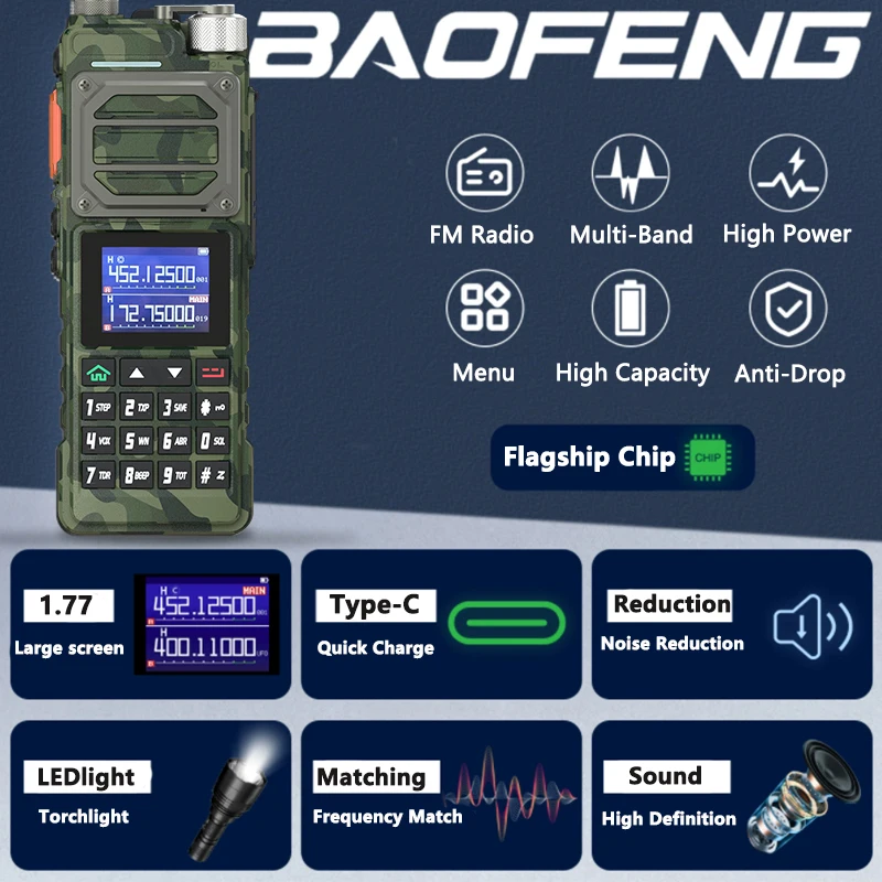 BAOFENG UV-25M 워키토키 카모 고출력 50km, 136-520MHz, 999CH C타입 충전기, 양방향 라디오 UV-25L, 6 밴드 BF-X5 프로