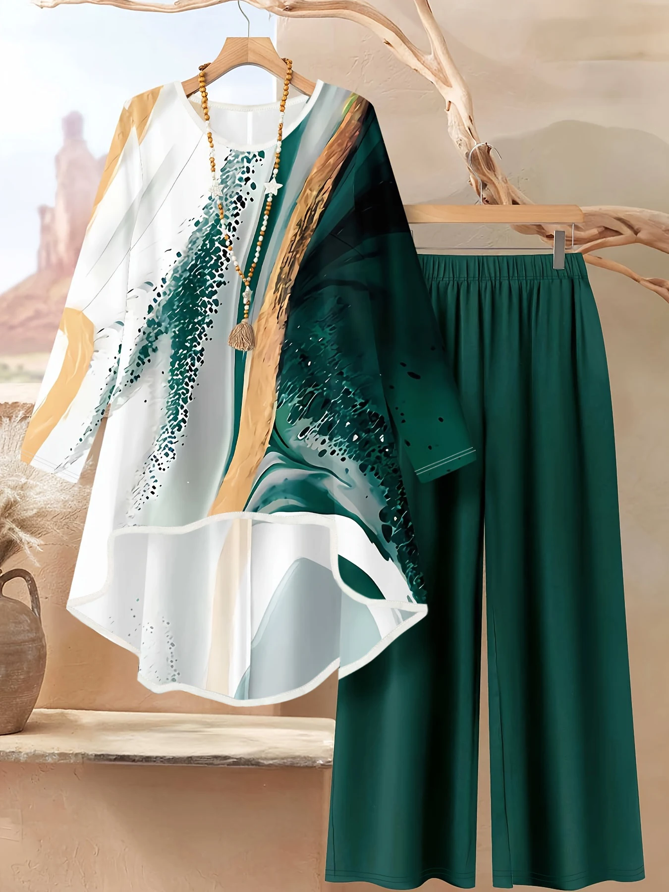 Ensemble deux pièces pour femmes, printemps et été, haut au design irrégulier + pantalon large, ensemble deux pièces