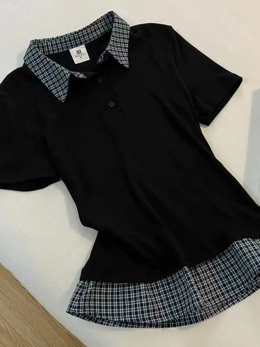   Col ort Sve T-shirt femme printemps été nouveau design d'épissure à carreaux Anti-âge haut amincissant coréen Sle trajet...