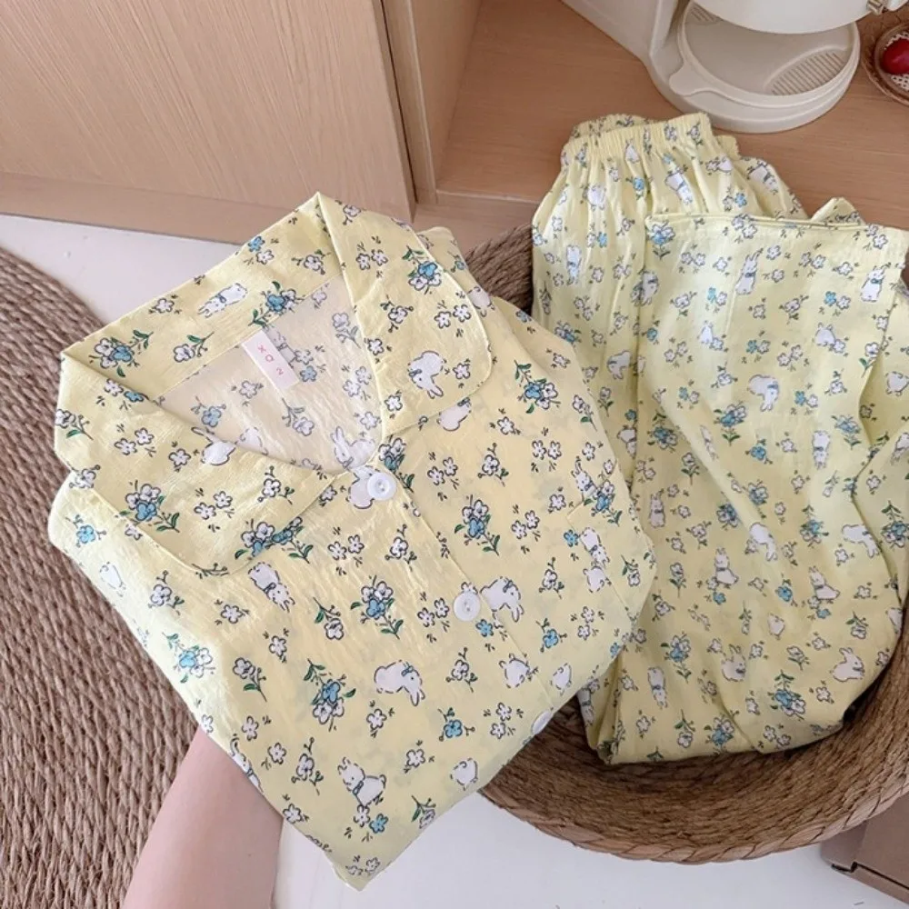 Langarm-Pyjama-Set für Damen mit Hund-, Hasen- und Blumenmuster, langes Schlafanzug-Set, Cartoon-Kirschen-Motiv, 2-teiliges Pyjama-Set für Studentinnen und Mädchen – Detail 4