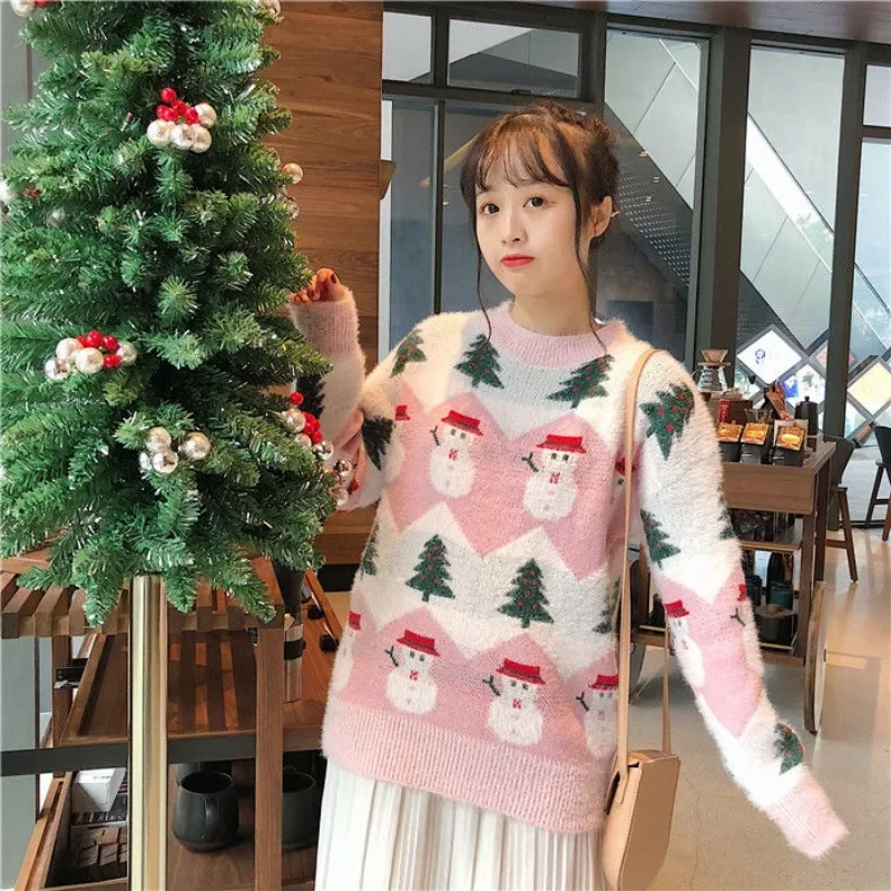 Christmas Style Kawaii Print Women Mink Cashmere Sweater Oversize O Neck Korean Sweet Knitted Y2k Sueter Mujer Pullovers