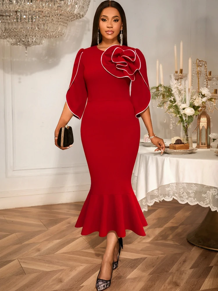 

Red Three-dimensional Flower Contrast Color Decoration Ruffle Waist Fishtail Dress Elegant Slim Fit Women Dinner Party Dress