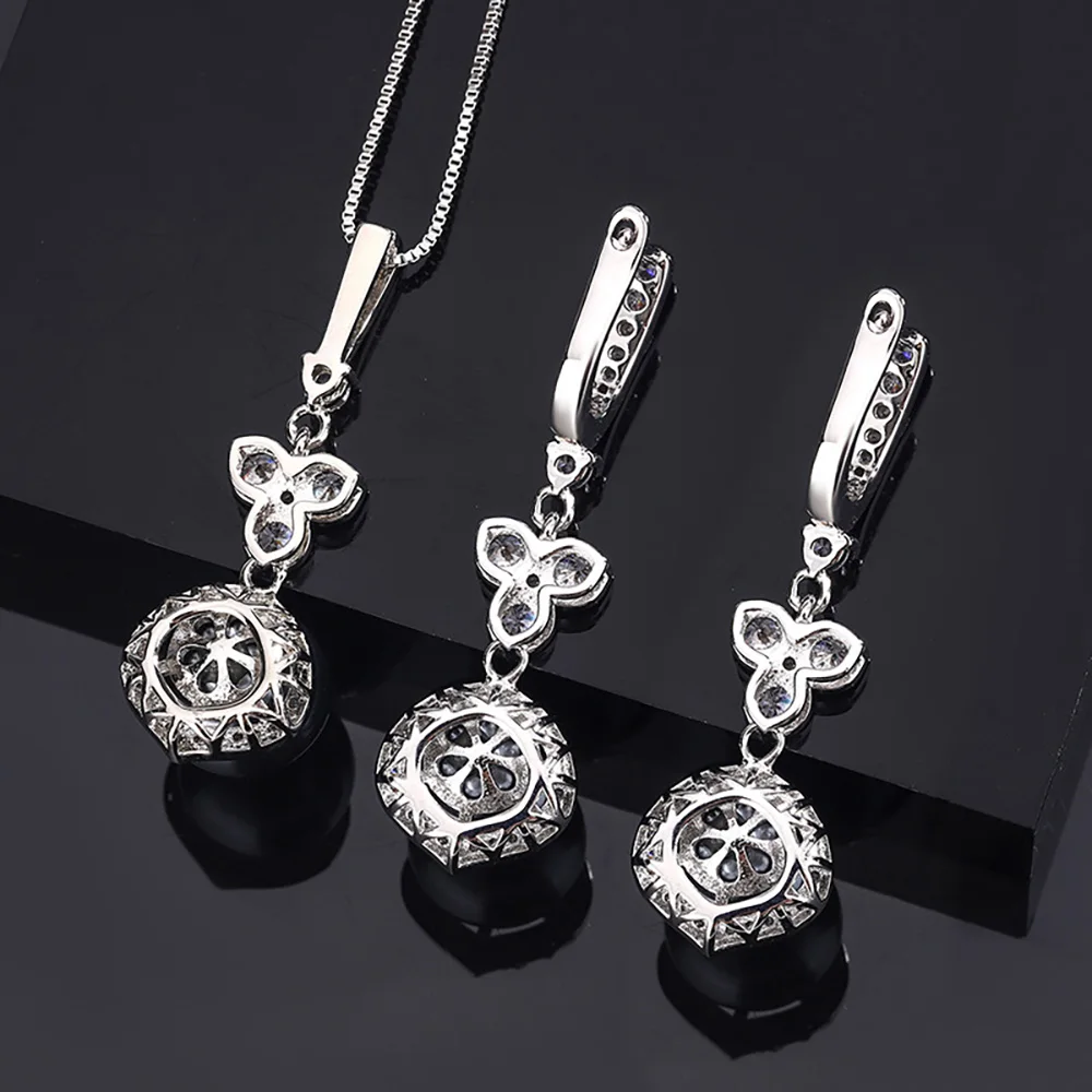Charms 12mm White Black Big Pearl Lab Diamond Pendant Necklace Drop Earrings for Women Anniversary Wedding Party Jewelry Sets