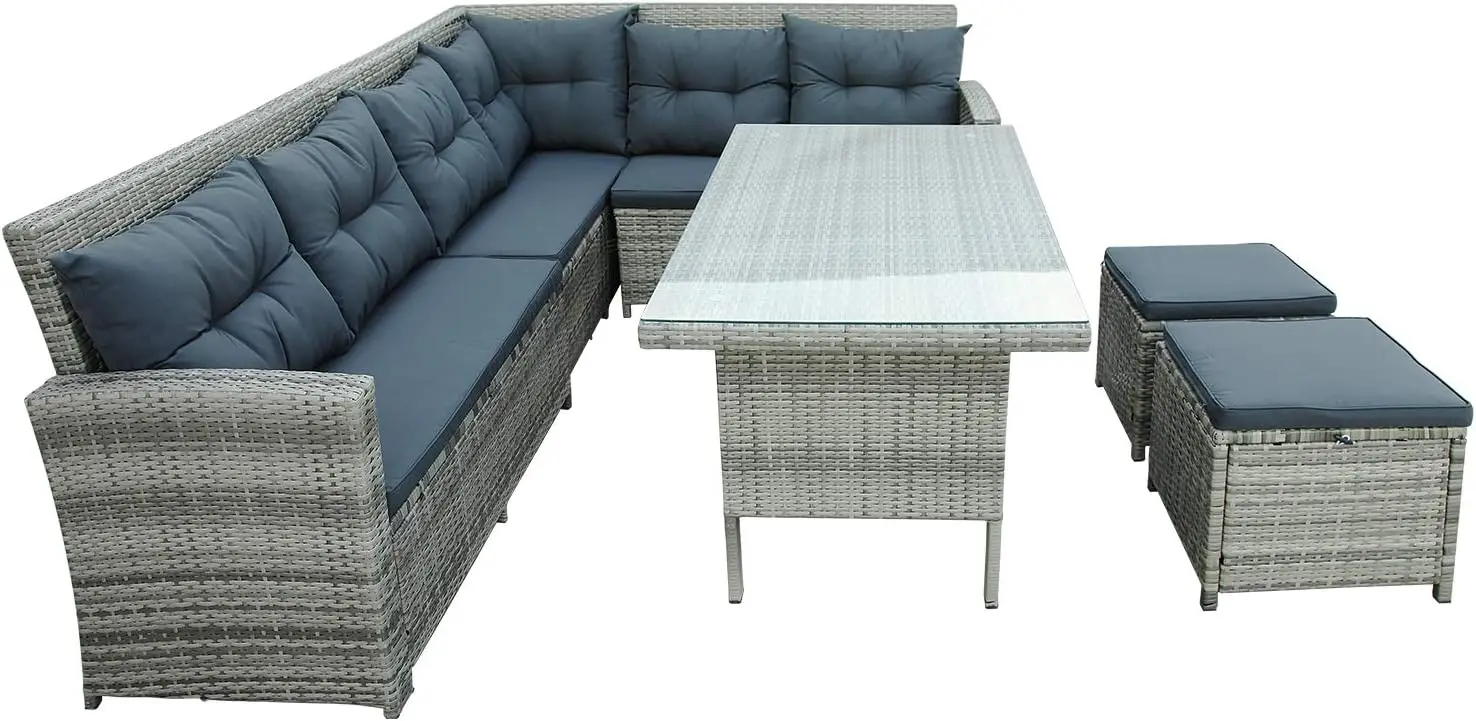 Patio Furniture Set with Coffee Table and 2 Pillows, PE Rattan Outdoor Conversation Sectional Sofa Seating Goup