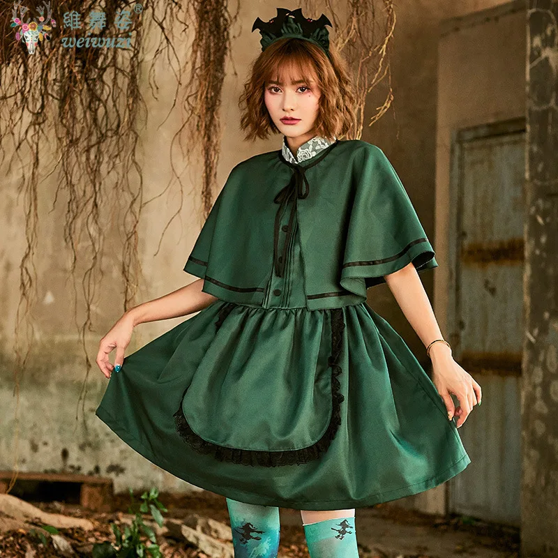 

Halloween Carnival Party Dark Wind Evil Dark Green Maid Dress With Bat Headwear And Shawl Stage Perfermance Costume Fancy Dress