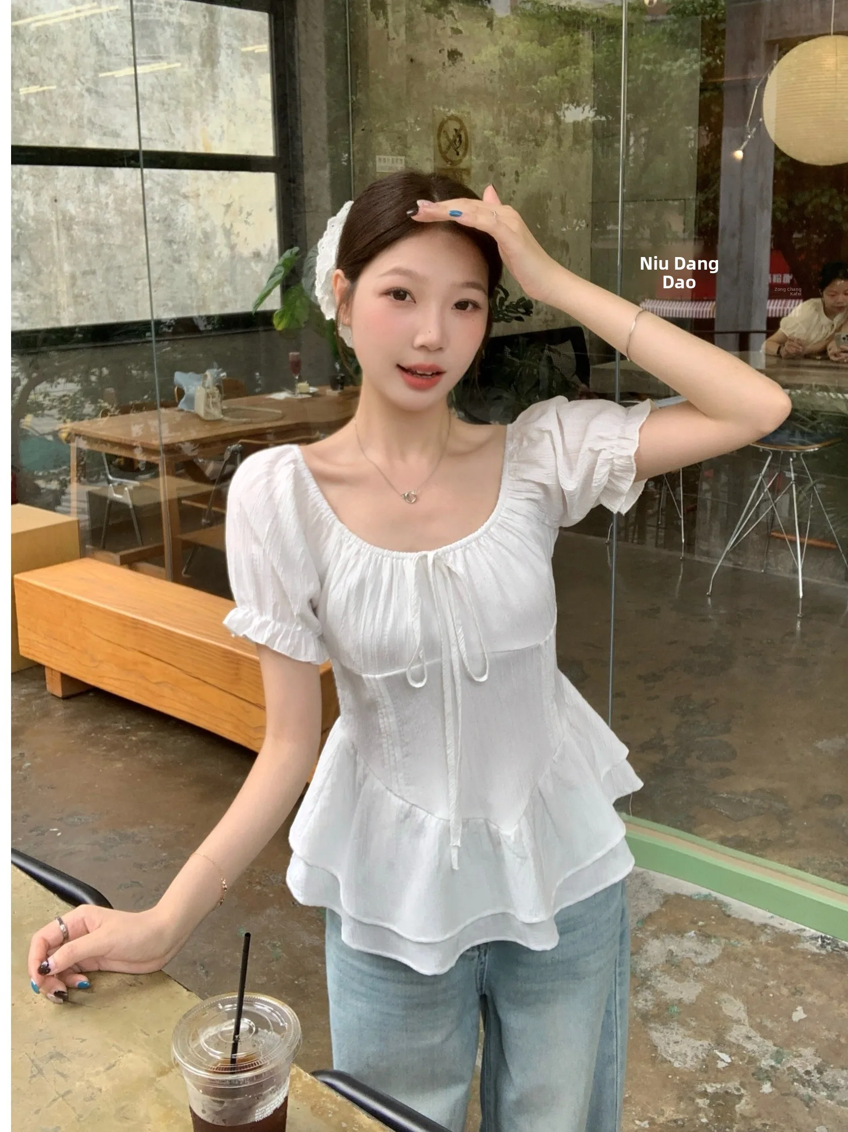 

Sweet Style plus Size Women's Shirt with Bow Tie Bubble Sleeve Square Collar High Waist Pleated Short Sleeve Summer New Arrival