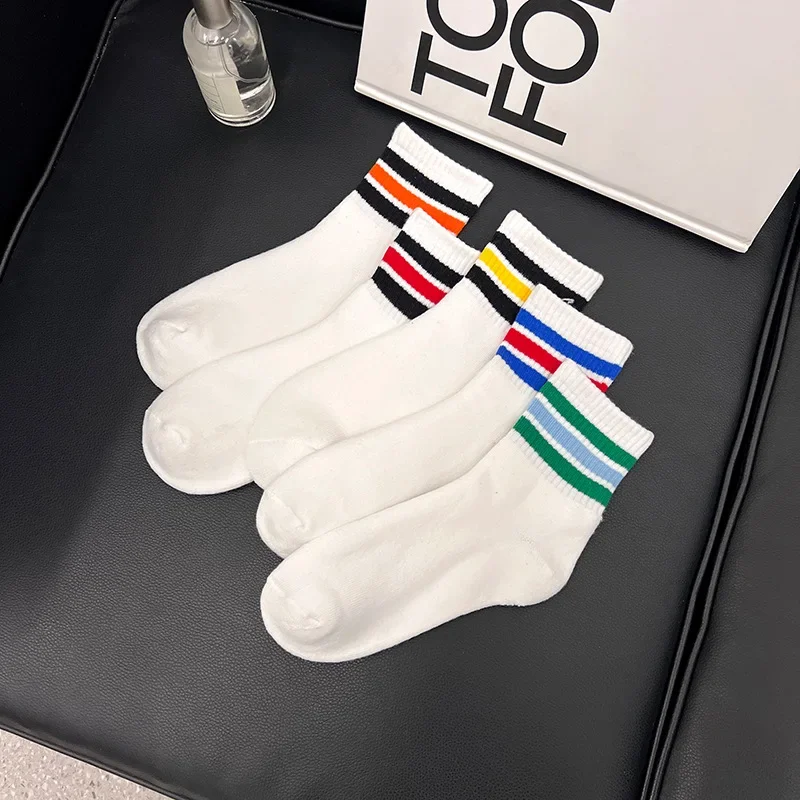 

5 pairs of spring autumn men's thick sweat absorbing casual socks warm Versatile sports stripes simple comfortable socks