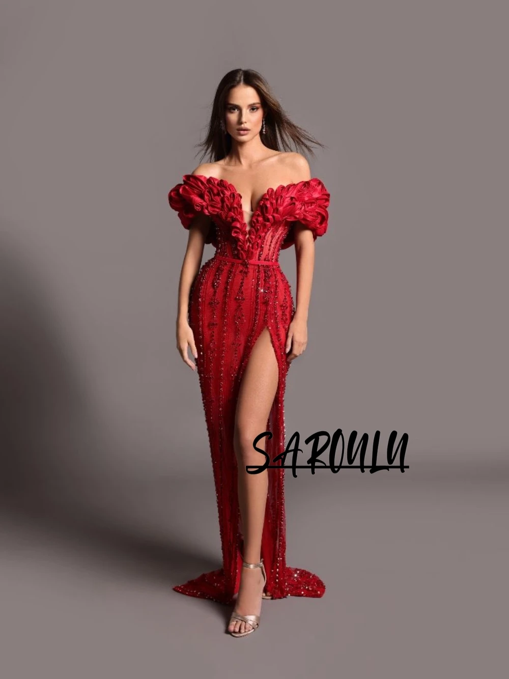 Ruched Off Shoulder Red Evening Dress Beautiful Beading Celebrity Customized Sexy High Slit Dazzling Modern Cocktail Gown