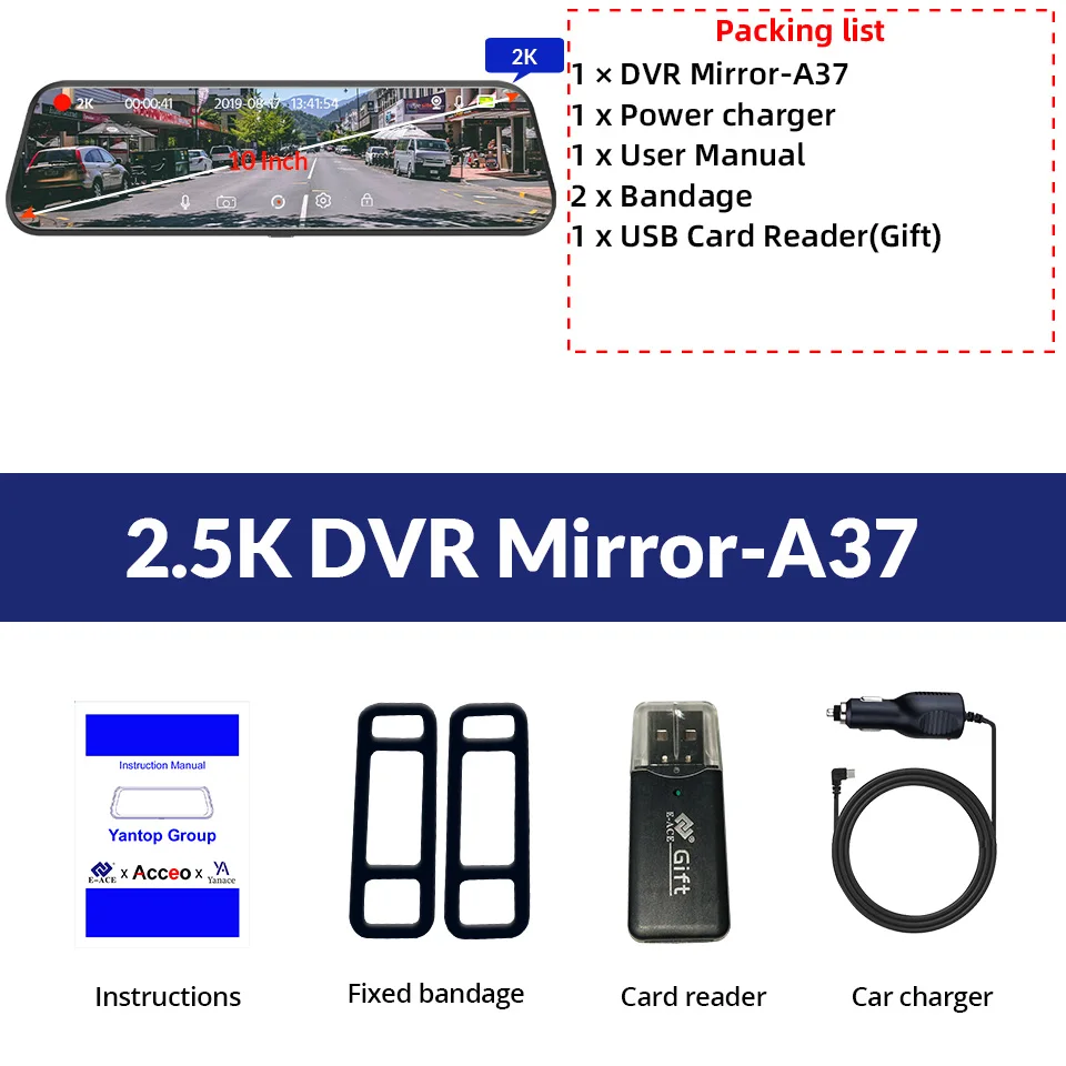 E-ACE 2K Auto DVR WIFI GPS Stream Media Spiegel Optioneel 1080P Auto Videocamera Nachtzicht Loop-opname 24H Parkeren Black Box