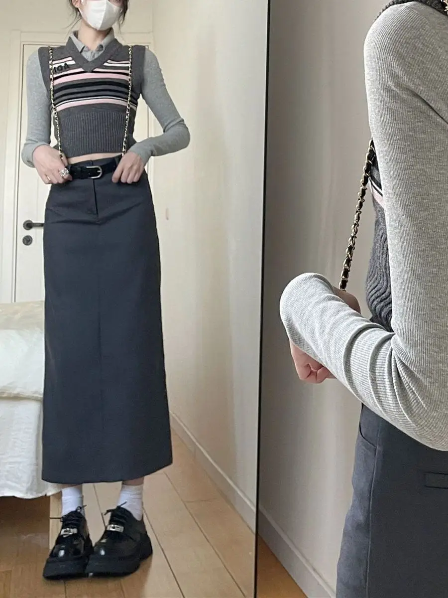 

Bla High Waist A-Line Slit Midi Skirt Women's Suiting Spring Faion Slimming Korean Sle Commute Polyester Fiber