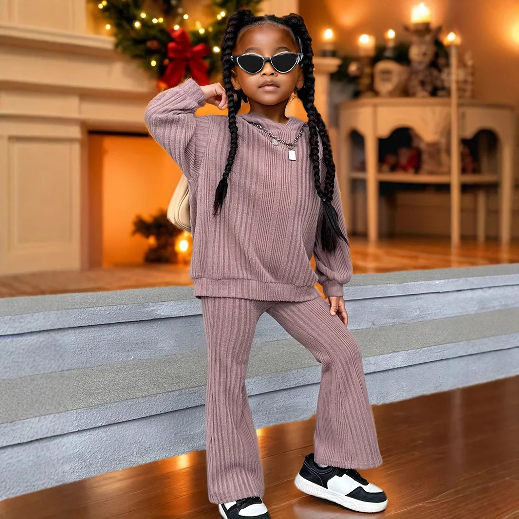 

New 2025 Girls Spring Autumn Casual Clothing Sets Kids Long Sleeve Hooded Rib Hoodies Sweatshirt + Fashion Flared Trousers