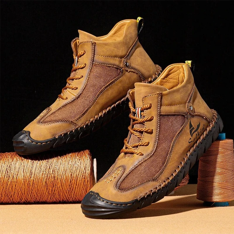 Hand-stitching Leather Boots Men Casual Autumn Boots Shoe Retro Soft Leather Casual Men Shoes Breathable Hot Sale Ankle Boots