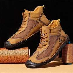 Botas de couro costurado à mão para homens, botas de tornozelo macias retrô, sapatos respiráveis, sapato casual, venda quente, outono