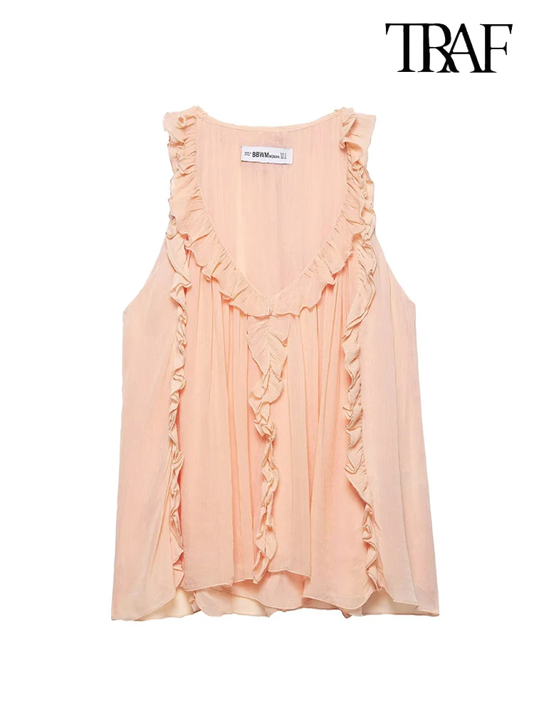 

TRAF Women's Fashion French Chic Stacked Embellished Pleated Vest Top Simple Casual Loose Solid Color V-Neck Sleeveless Top