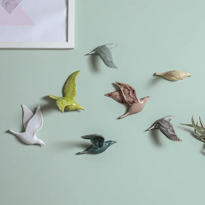 3D Ceramic Bird Creative Wall Sticker Hanging Nordic Home Wall Decor Living Room Animal Statue TV Background Mounted Swallows