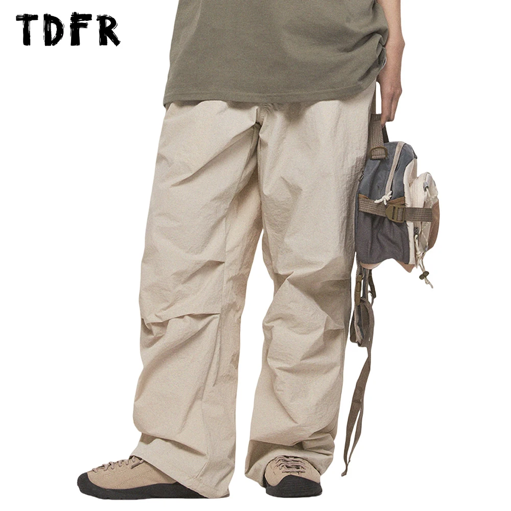 

Fold Pleated Solid Color Cargo Pants Mens Casual Retro Streetwear Wide Leg Elastic Waist Loose Trousers Men