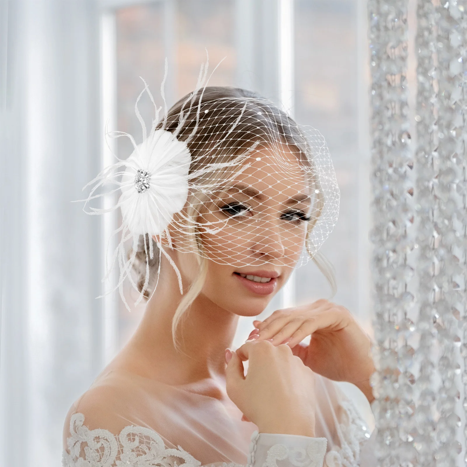 1 قطعة مشبك شعر أبيض فاسيناتور للنساء تصميم شبكي أنيق ديكور ريش الزفاف حفلة الزفاف الشاي الحدث موضة الشعر #6