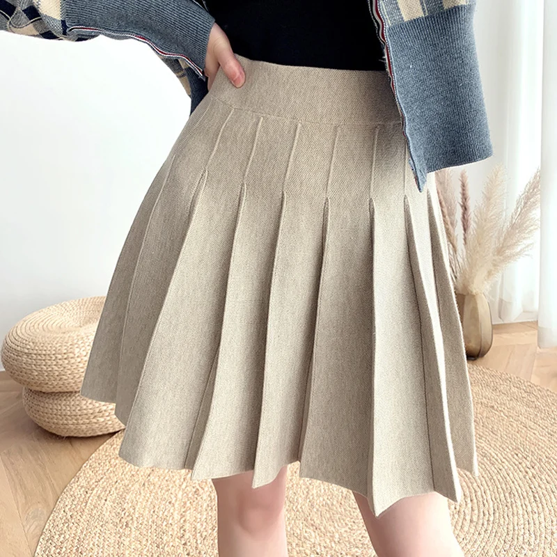 

OHRYIYIE Beige Gray Autumn Winter Warm Mini Knitted Skirt Women 2023 New Fashion High Waist Pleated Skirt Sun School Skirt Femme