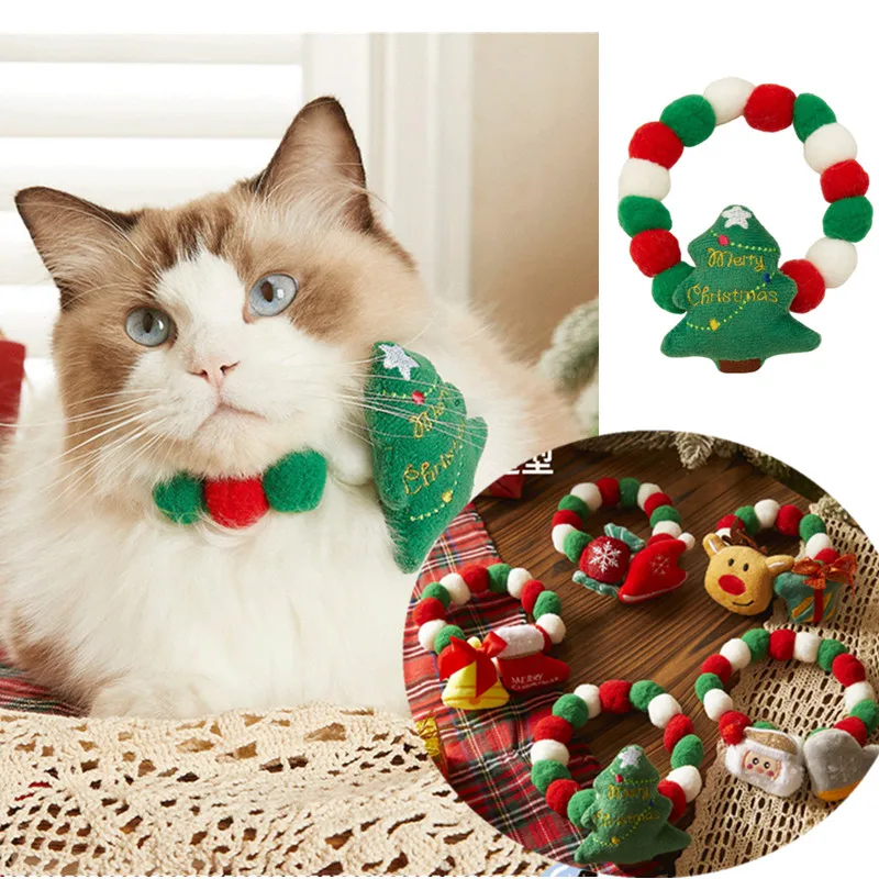 

Christmas Cat Collar Cartoon Santa Claus Pet Neck Chain Colorful Plush Ball Dog Collar Pet Grooming Supplies
